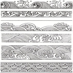 Chinese Japanese Retro Style Ocean Waves Borders Lines Clouds Stamps