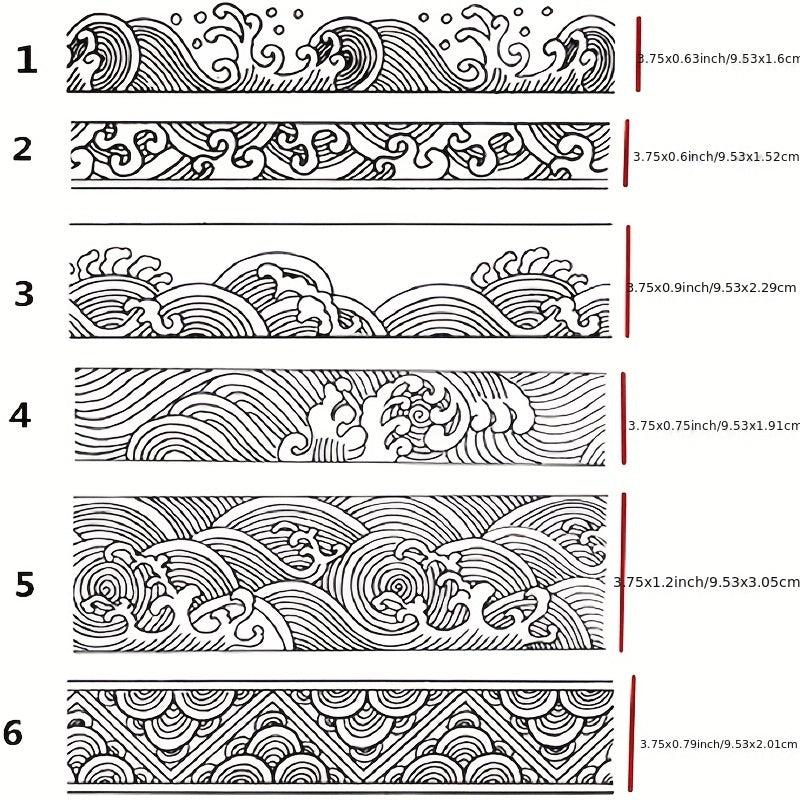 Chinese Japanese Retro Style Ocean Waves Borders Lines Clouds Stamps
