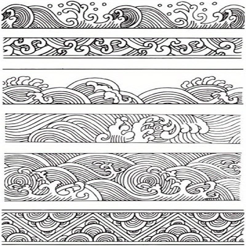 Chinese Japanese Retro Style Ocean Waves Borders Lines Clouds Stamps