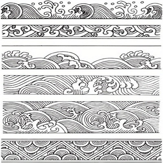 Chinese Japanese Retro Style Ocean Waves Borders Lines Clouds Stamps