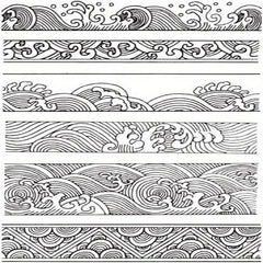 Chinese Japanese Retro Style Ocean Waves Borders Lines Clouds Stamps
