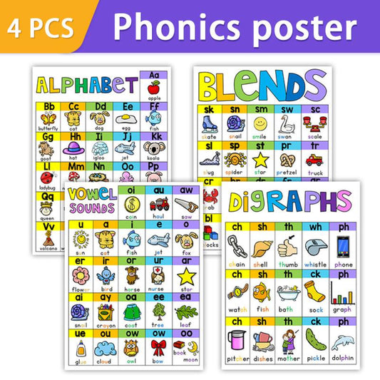 4Pcs Phonics Posters Classroom Decor Education School Supplies A4