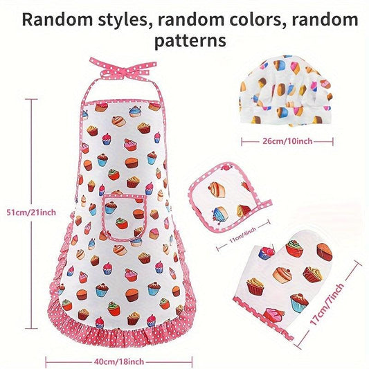 Kids Cooking Apron Gloves Hat Set Pink Chef Costume Role Play House Toys