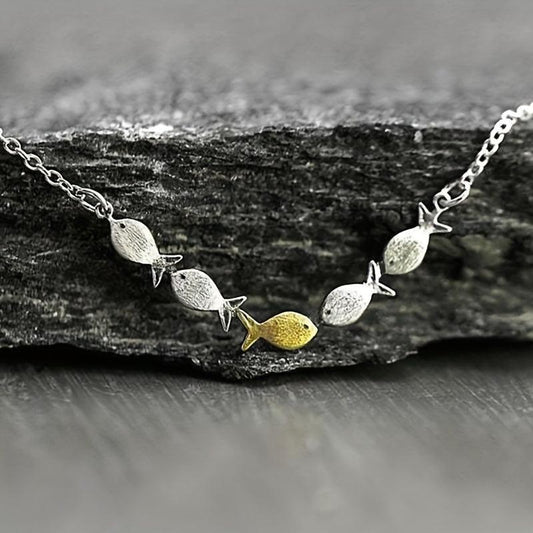 Creative Fish Pendant Necklace Ring, Retro Style Brushed Chain Jewelry Gift
