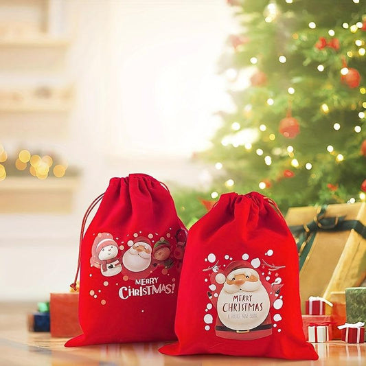 Christmas Gift Bags 2pcs Flannel Small Bags Drawstring Red Random Pattern