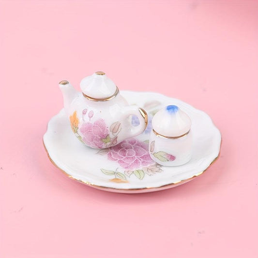 8pcs Dollhouse Porcelain Tea Cups, Flower Pattern, Kitchen Model Decor