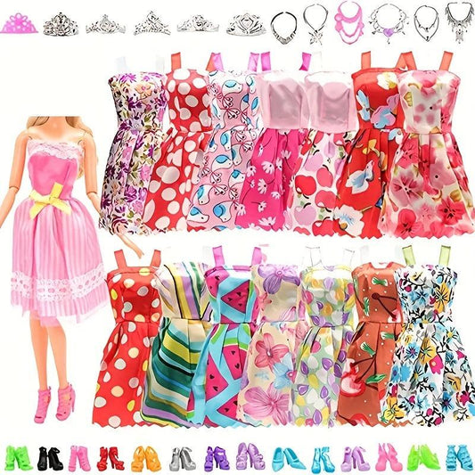 34pcs Doll Clothing Accessories Set - Dresses, Shoes, Necklaces, Crowns, Glasses