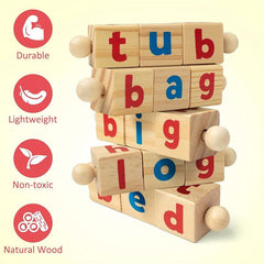 Wooden Rotating Letter Puzzle Building Blocks Short Vowel Spelling Words Gift