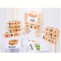 Wooden Rotating Letter Puzzle Building Blocks Short Vowel Spelling Words Gift