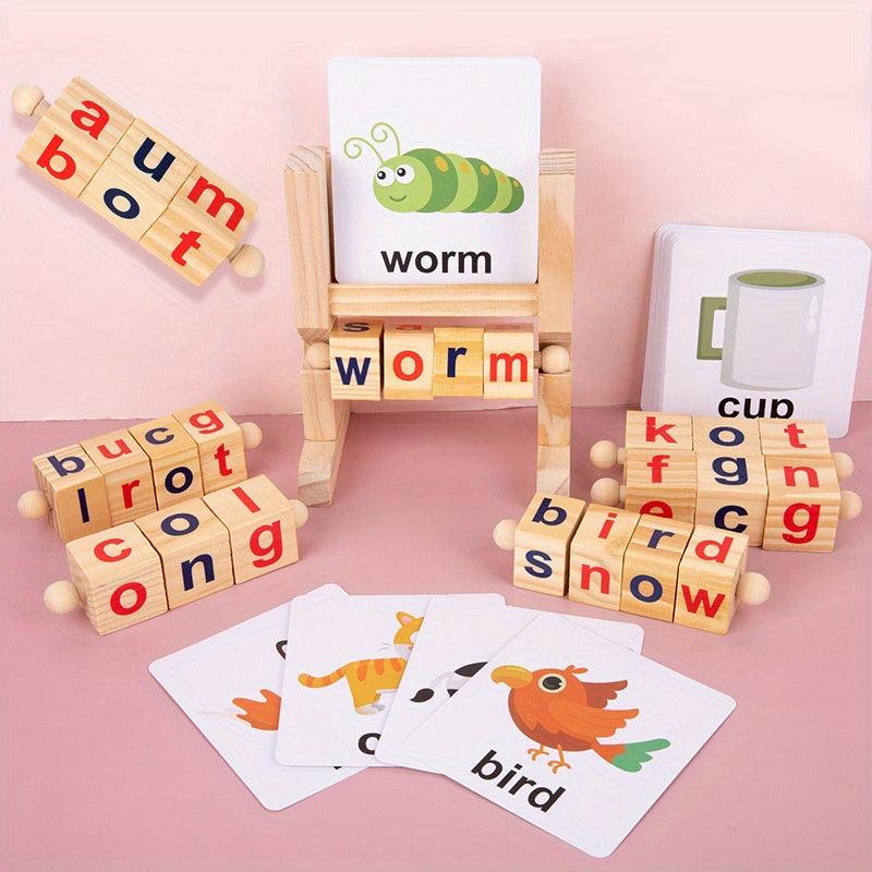 Wooden Rotating Letter Puzzle Building Blocks Short Vowel Spelling Words Gift
