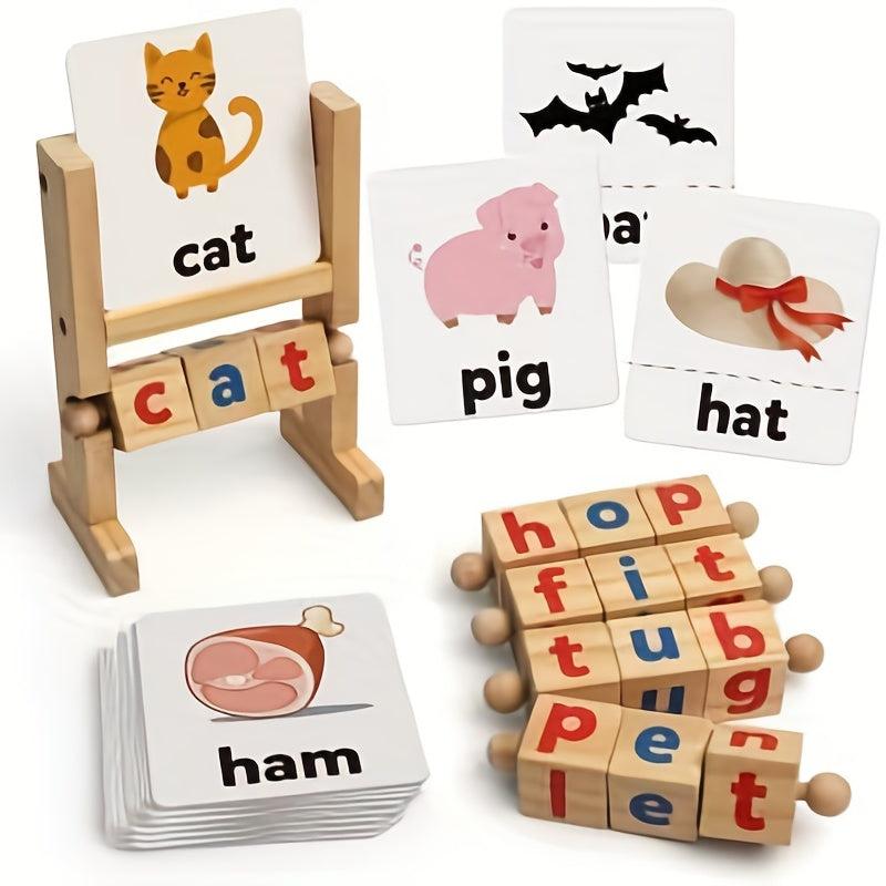 Wooden Rotating Letter Puzzle Building Blocks Short Vowel Spelling Words Gift