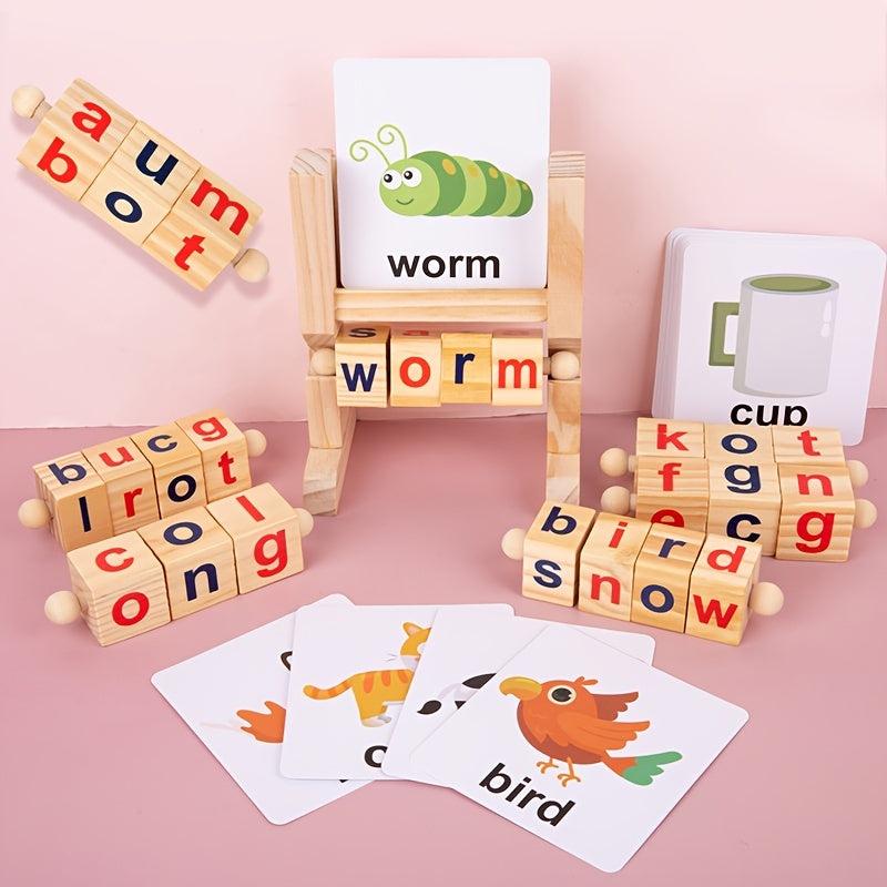 Wooden Rotating Letter Puzzle Building Blocks Short Vowel Spelling Words Gift
