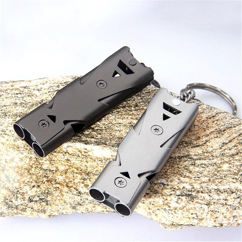 Outdoor Portable High Decibel Keychain Whistle Stainless Steel Double Pipe