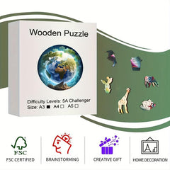 Animal Shaped Wooden Jigsaw Puzzle - Unique Irregular Earth Puzzle
