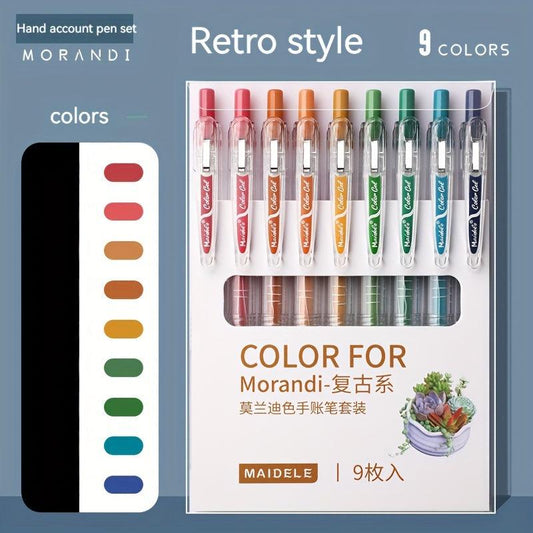 9pcs Colored Gel Pens Retro Ink Retractable Vintage Coloring Pens 0.5mm