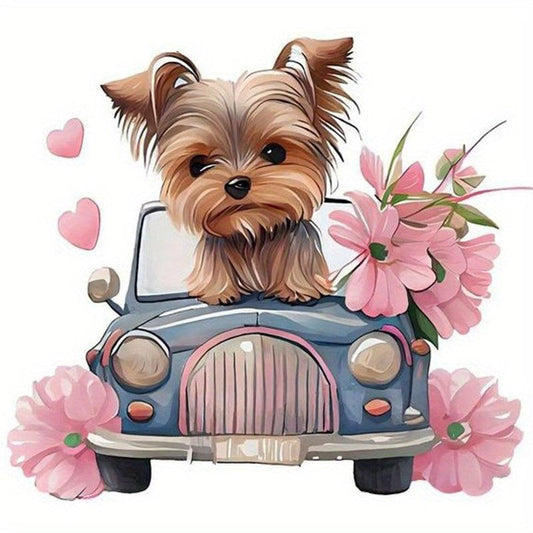DIY 5D Diamond Painting Kit Landscape Puppy Pink Flowers Small Car