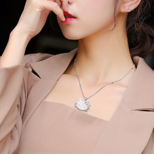 Hellokitty Silvery Necklace Girl Pendant With Artificial Diamonds