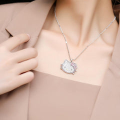 Hellokitty Silvery Necklace Girl Pendant With Artificial Diamonds