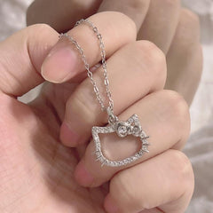 Hellokitty Silvery Necklace Girl Pendant With Artificial Diamonds