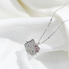 Hellokitty Silvery Necklace Girl Pendant With Artificial Diamonds