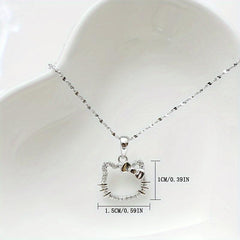 Hellokitty Silvery Necklace Girl Pendant With Artificial Diamonds