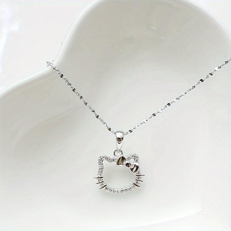 Hellokitty Silvery Necklace Girl Pendant With Artificial Diamonds