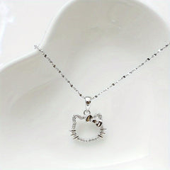 Hellokitty Silvery Necklace Girl Pendant With Artificial Diamonds