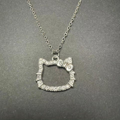 Hellokitty Silvery Necklace Girl Pendant With Artificial Diamonds