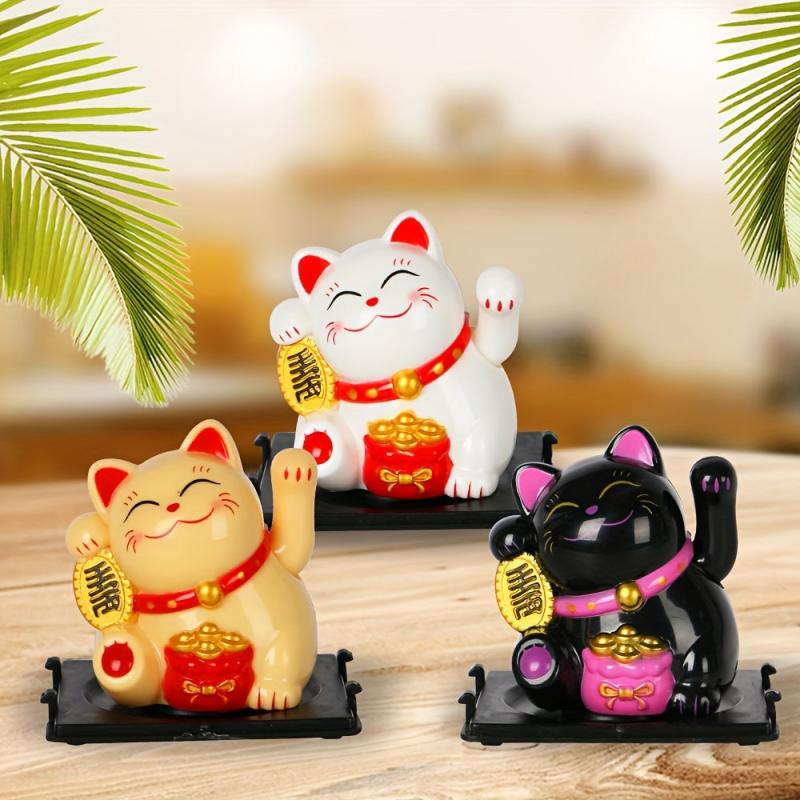 Solar Powered Waving Hand Cat Good Luck Ornament 5.2in
