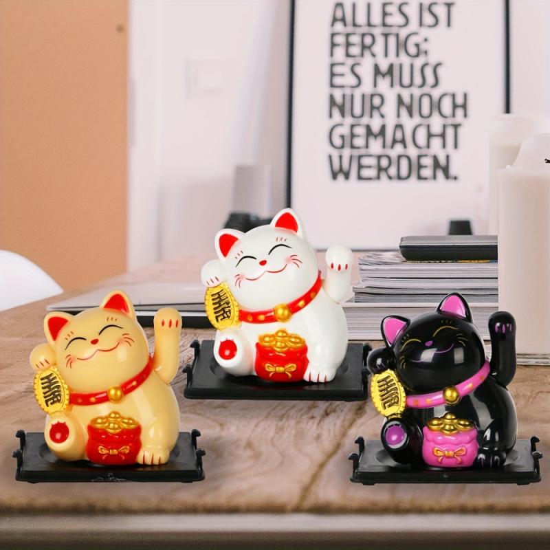 Solar Powered Waving Hand Cat Good Luck Ornament 5.2in