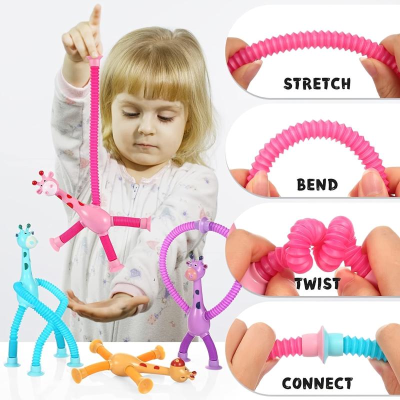 4 Pack Suction Cup Robot & Giraffe Toys For Kids Pop Tubes Road Trip Mini Telesc
