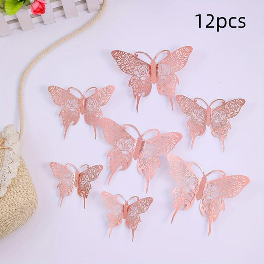 12pcs 3 Sizes 3D Golden Butterfly Wall Decor - Birthday & Party Decorations
