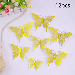 12pcs 3 Sizes 3D Golden Butterfly Wall Decor - Birthday & Party Decorations
