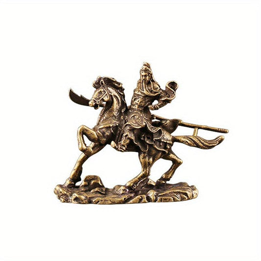 Antique Brass Horse Riding Guan Gong Ornament Figurine