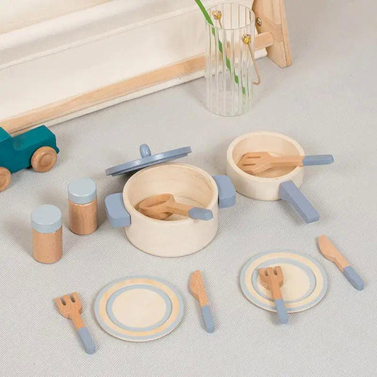 Kids Wooden Cooking Cookware Pot Pretend Play Toy