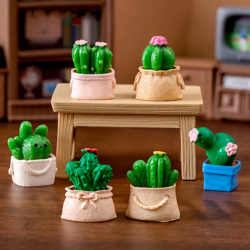 6pcs Mini Potted Plants Flowers Cactus Bonsai Statue Figurines