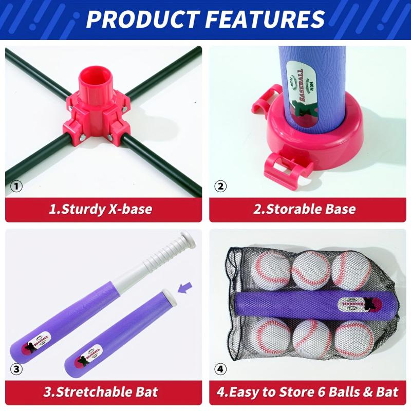 Pink 3 in 1 Baseball Set for Ages 3-5: Tee, T-Ball Launcher, 6 Softballs