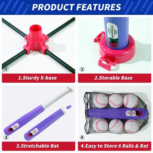 Pink 3 in 1 Baseball Set for Ages 3-5: Tee, T-Ball Launcher, 6 Softballs
