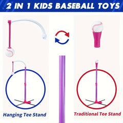 Pink 3 in 1 Baseball Set for Ages 3-5: Tee, T-Ball Launcher, 6 Softballs