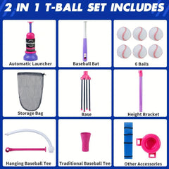 Pink 3 in 1 Baseball Set for Ages 3-5: Tee, T-Ball Launcher, 6 Softballs