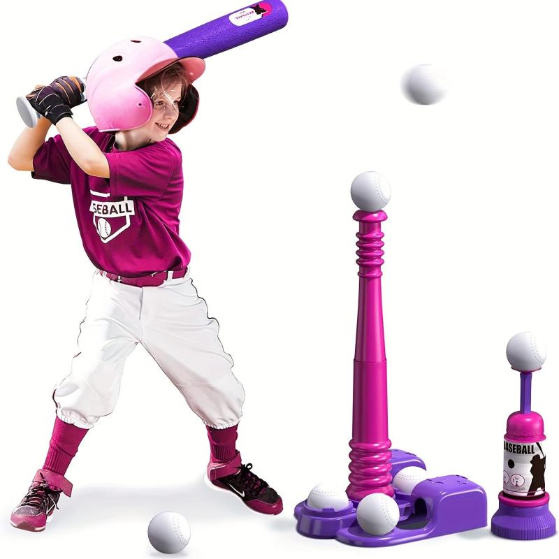 Pink 3 in 1 Baseball Set for Ages 3-5: Tee, T-Ball Launcher, 6 Softballs