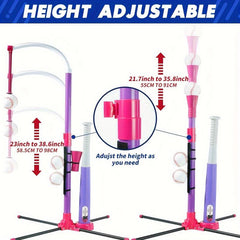 Pink 3 in 1 Baseball Set for Ages 3-5: Tee, T-Ball Launcher, 6 Softballs