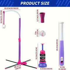 Pink 3 in 1 Baseball Set for Ages 3-5: Tee, T-Ball Launcher, 6 Softballs