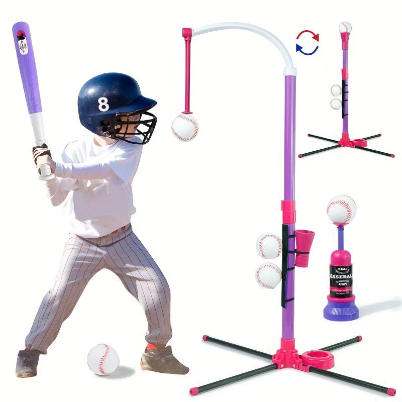 Pink 3 in 1 Baseball Set for Ages 3-5: Tee, T-Ball Launcher, 6 Softballs