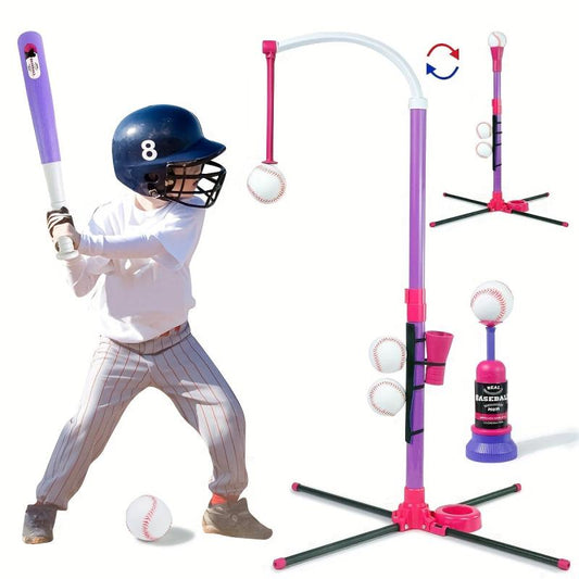 Pink 3 in 1 Baseball Set for Ages 3-5: Tee, T-Ball Launcher, 6 Softballs