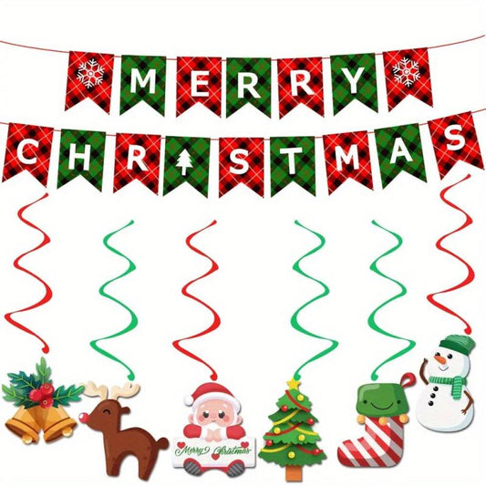 20pcs Christmas Snowflake Pull Flag Snowman Elk Bell Spiral Ornament Set