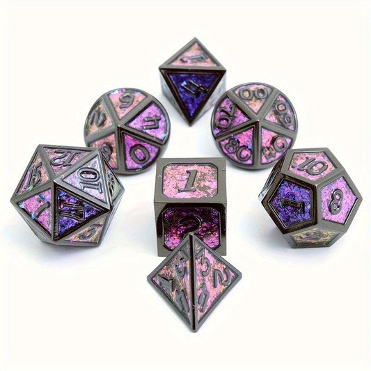 7pcs Iridescent Glitter Flake Metal Polyhedral Dice Set