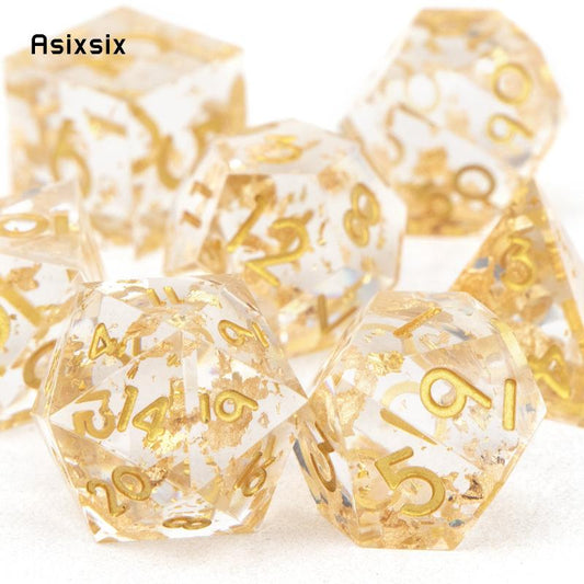 7pcs Yellow Golden Number Sharp Edge Resin Polyhedral Dices
