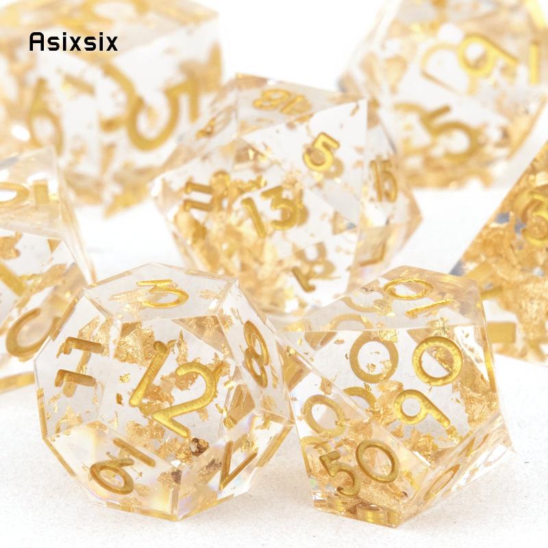 7pcs Yellow Golden Number Sharp Edge Resin Polyhedral Dices