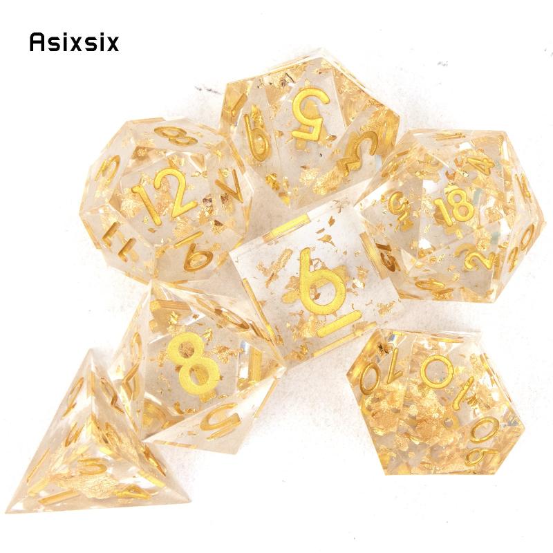 7pcs Yellow Golden Number Sharp Edge Resin Polyhedral Dices